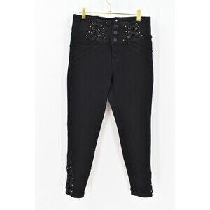 Tissini Women 7 Idalia Black Corset Lace Up High Rise Skinny Jeans